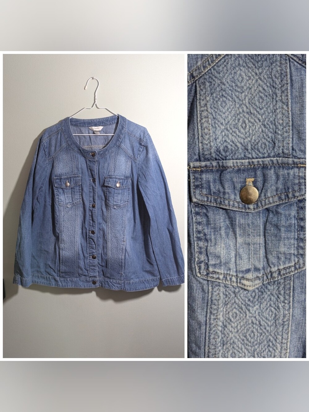 CJ Banks Denim Jacket Women's 3X Jacquard Embroidered Button Front Medium Wash